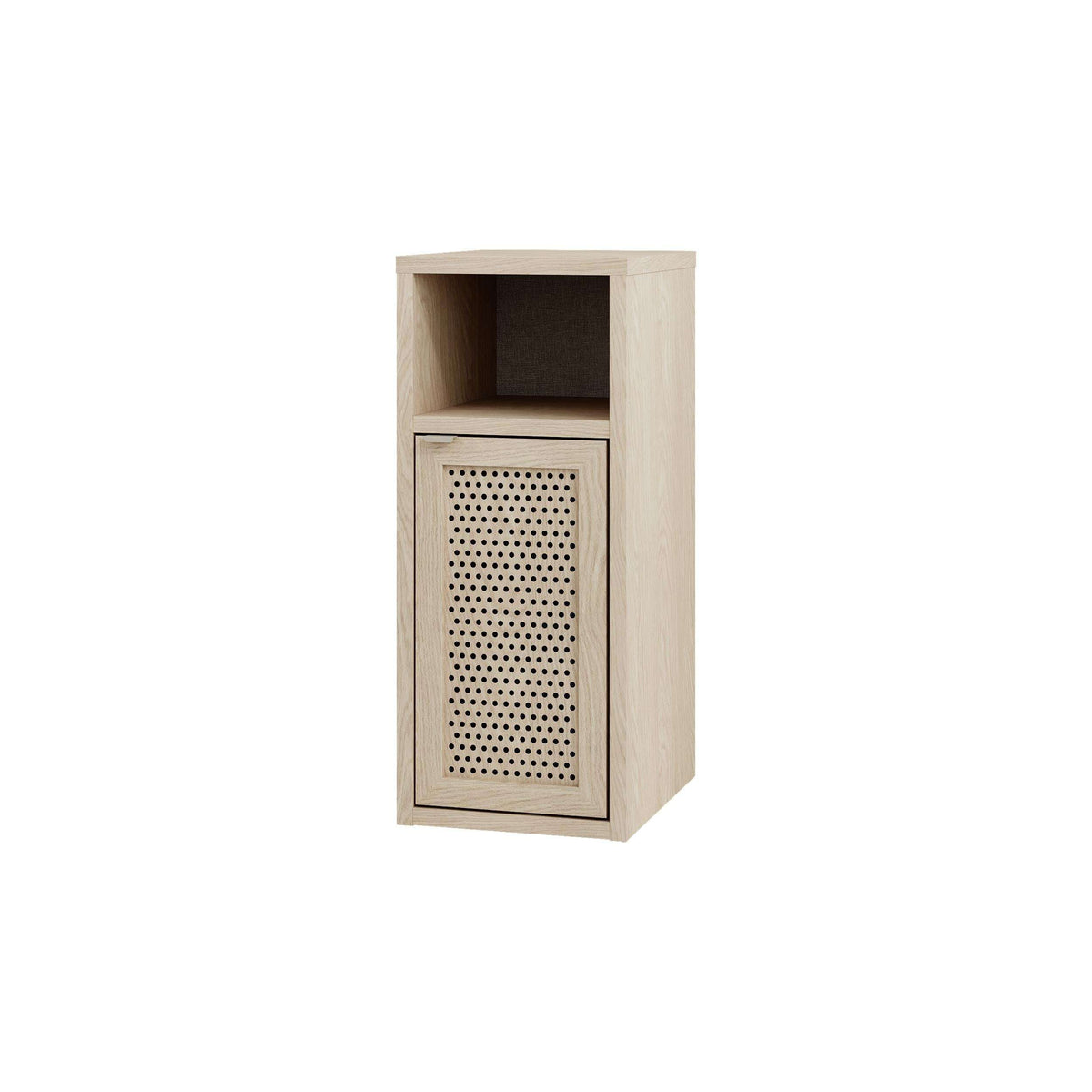 Light oak bedside table with open shelf and perforated cabinet door front