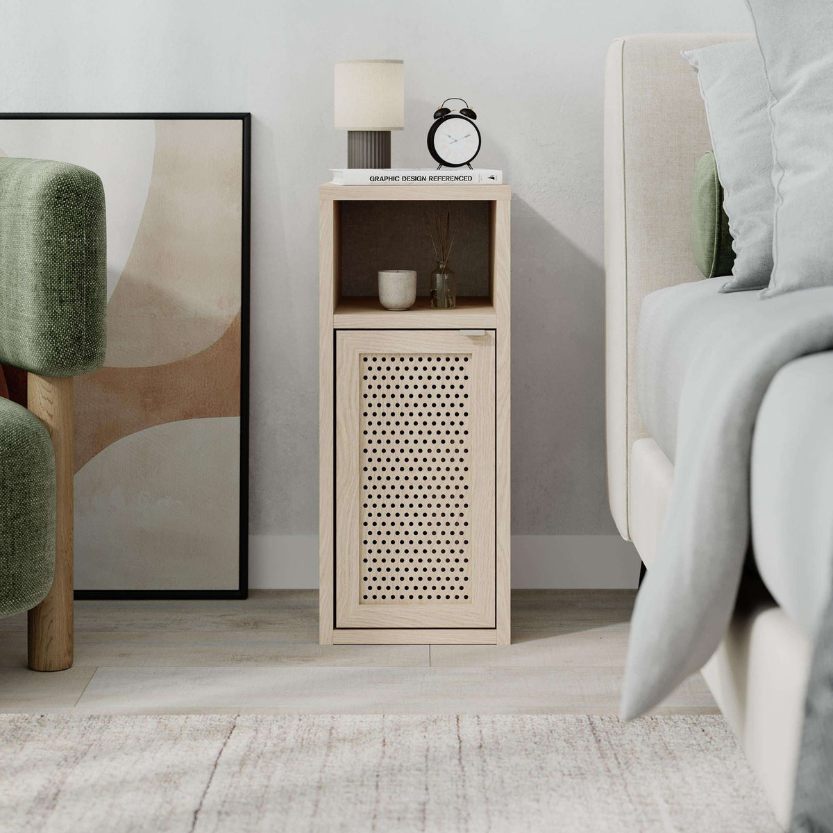 Light oak bedside table with open shelf, cabinet, and perforated door front