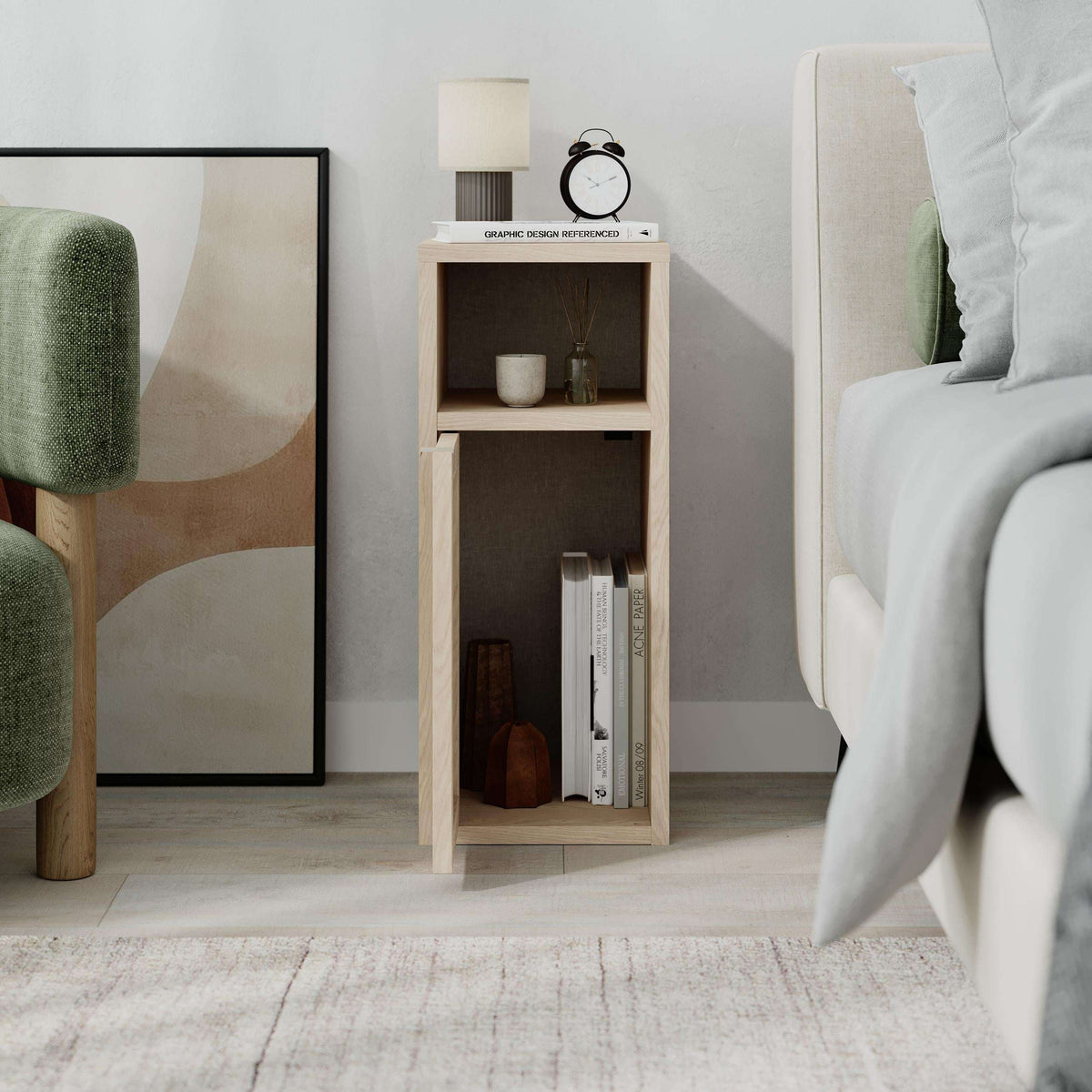 Light oak bedside table with open shelf and perforated cabinet door
