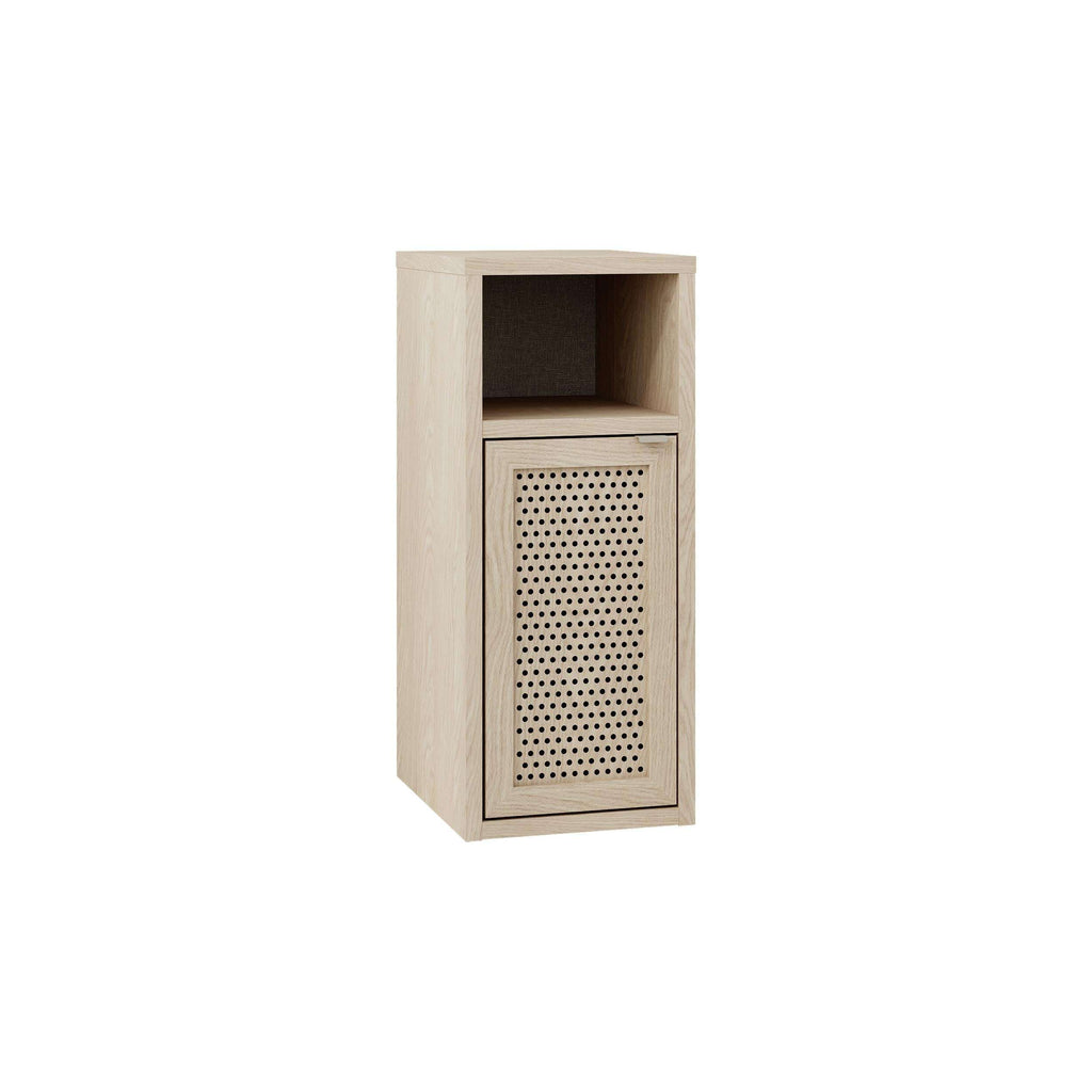 Light oak bedside table with top open shelf and perforated front cabinet door