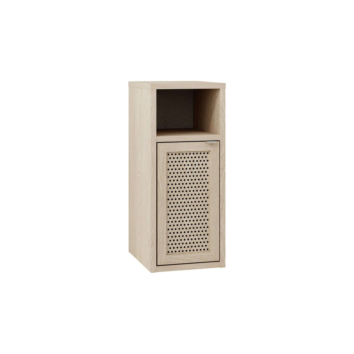 Light oak bedside table with top open shelf and perforated front cabinet door