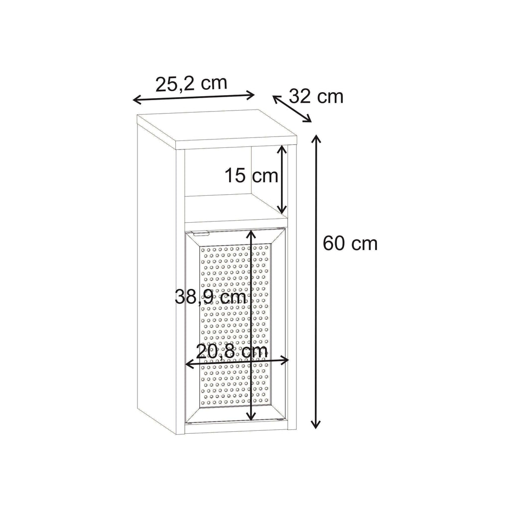 Bedside table dimensions diagram with open shelf and perforated cabinet