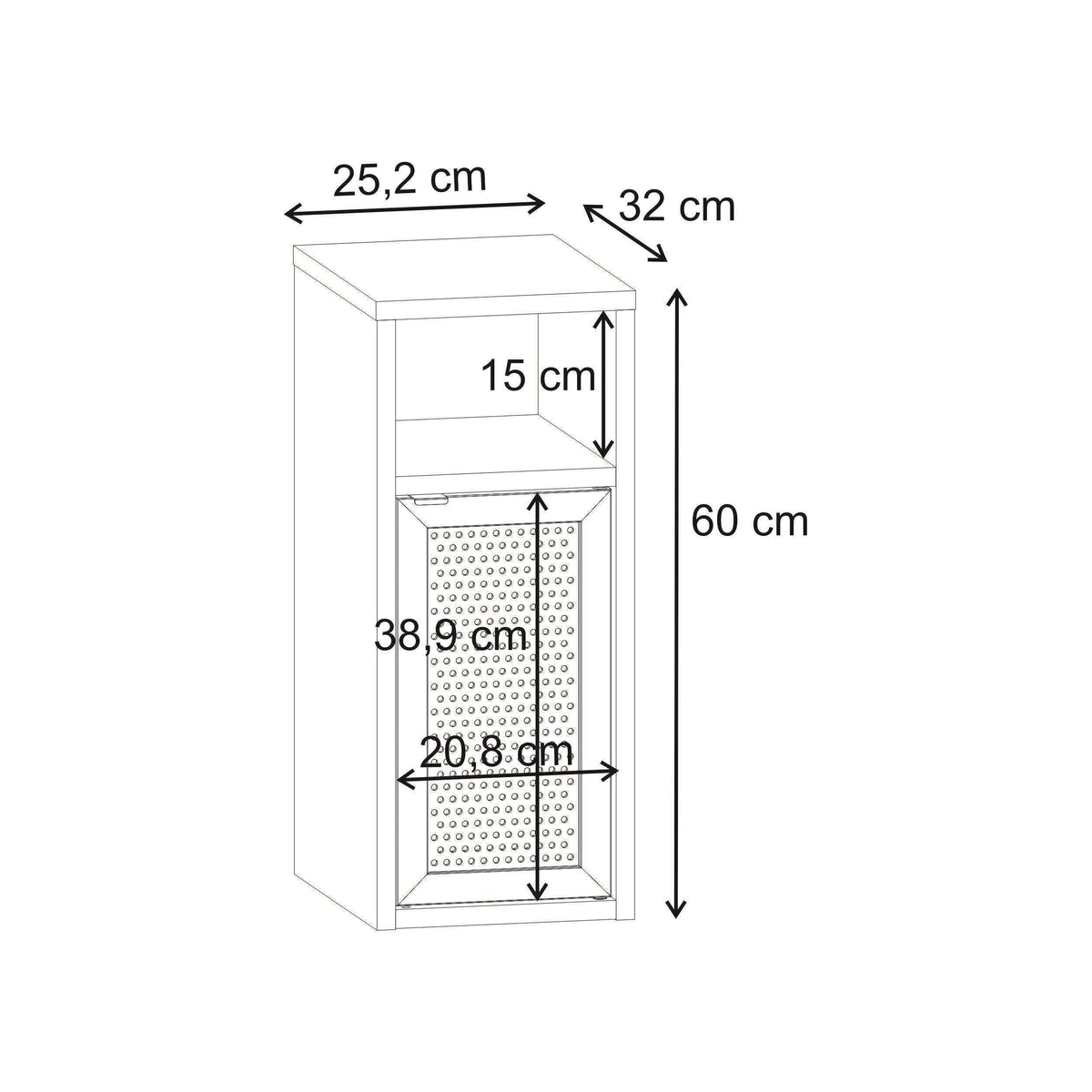 Bedside table dimensions diagram with open shelf and perforated cabinet