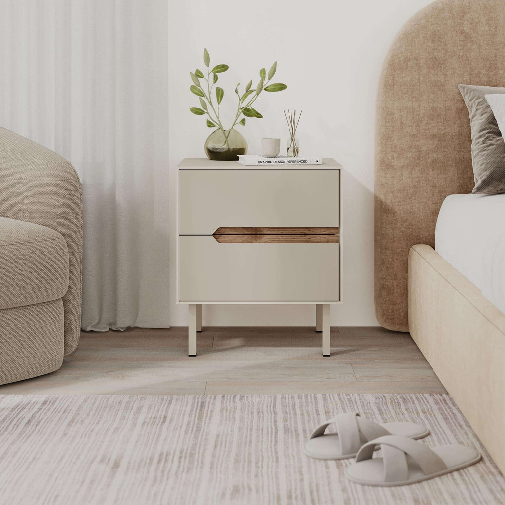 White modern bedside table with drawer, warm wood handle, styled top surface