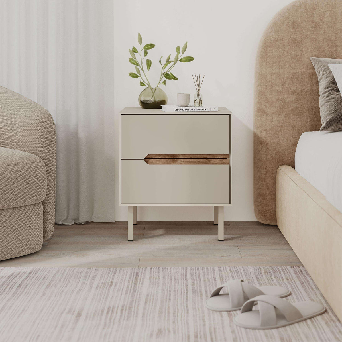 White modern bedside table with drawer, warm wood handle, styled top surface