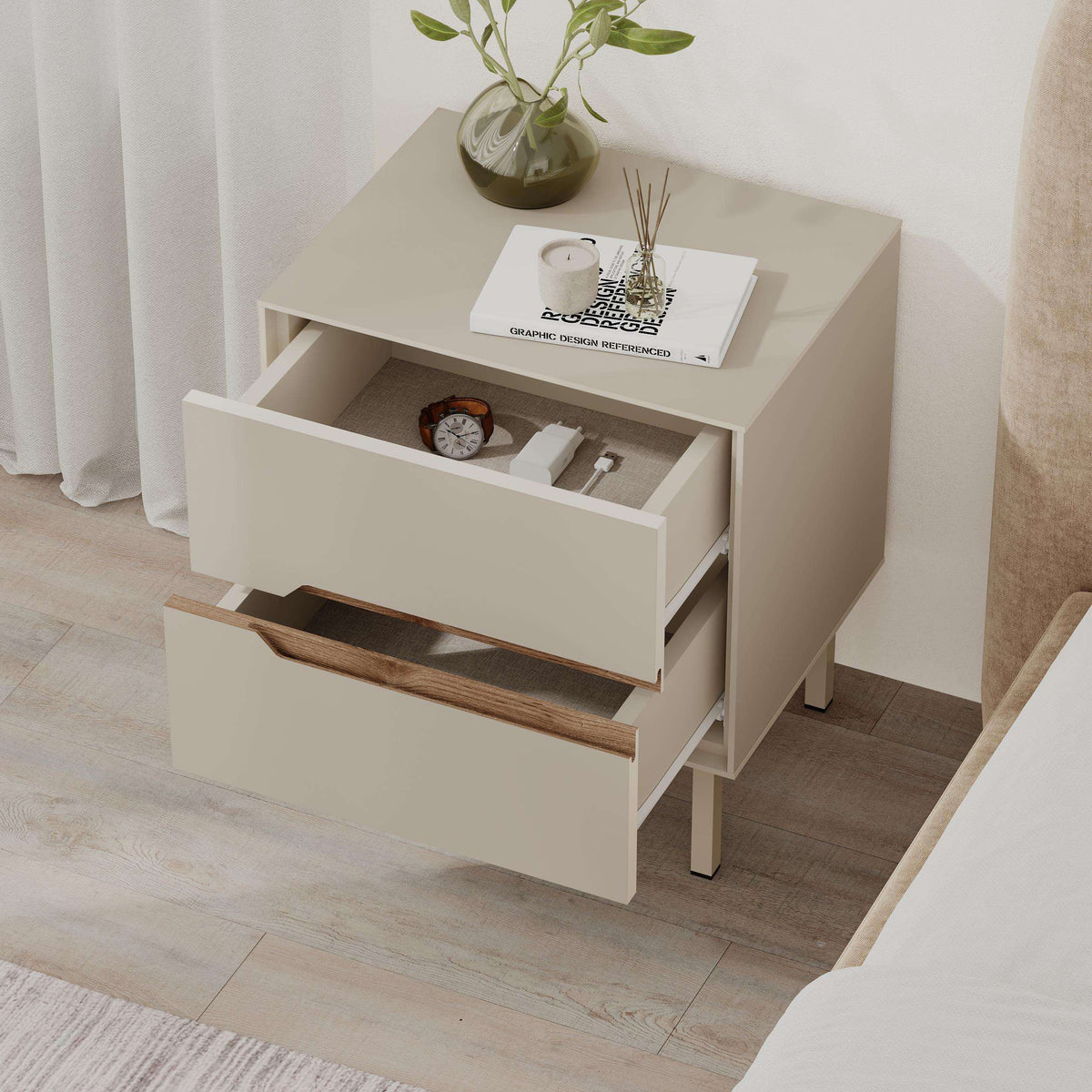 White bedside table with open drawer and interior storage, warm wood drawer front