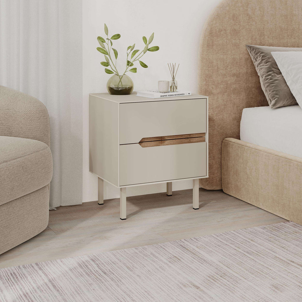 White modern bedside table with single drawer, warm wood handle, 4 legs