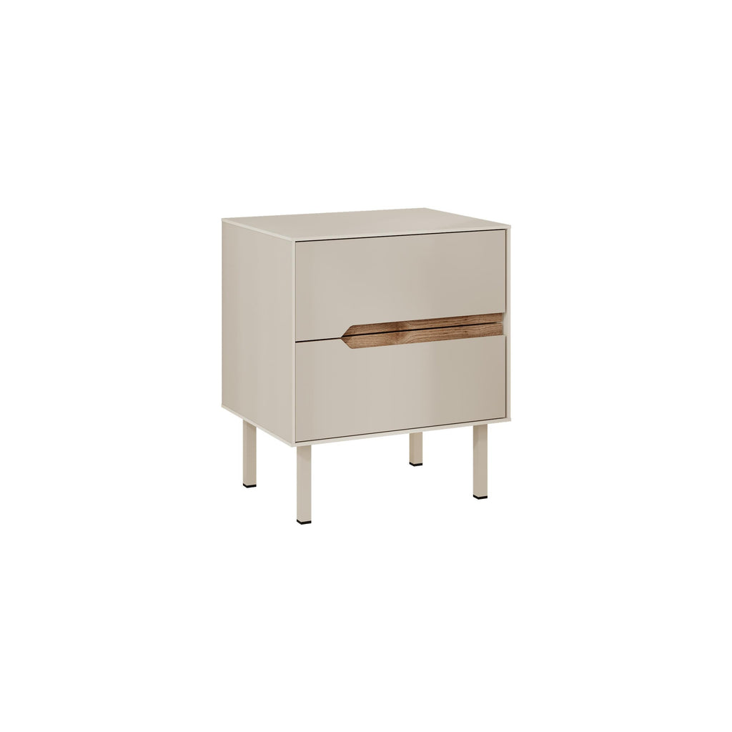 White bedside table with front drawer and warm wood bar handle, tapered legs