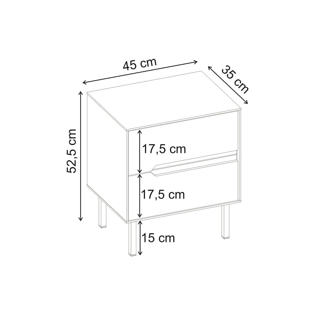 Bedside table size diagram with drawer: 45 cm wide, 52.5 cm high, 35 cm deep