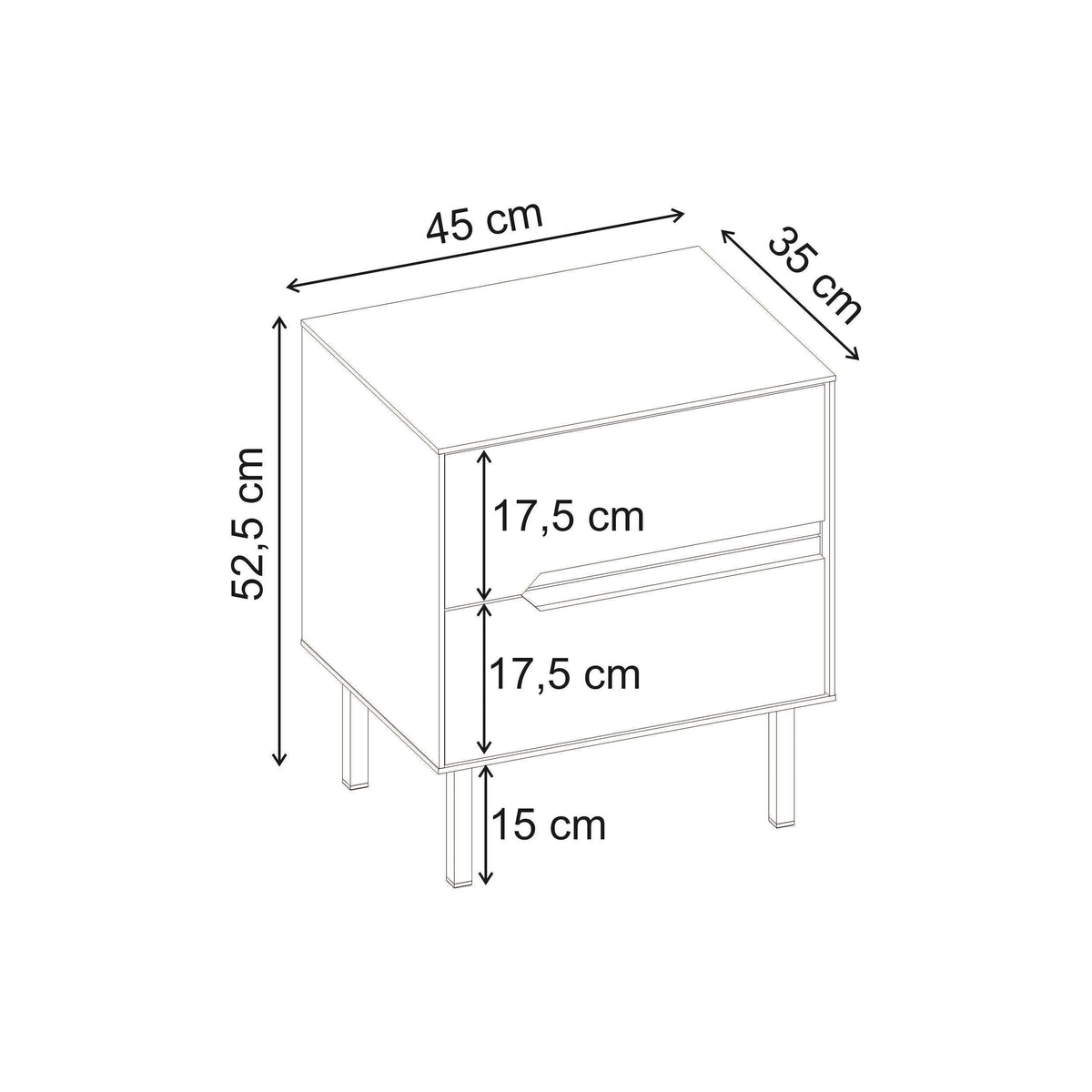 Bedside table size diagram with drawer: 45 cm wide, 52.5 cm high, 35 cm deep