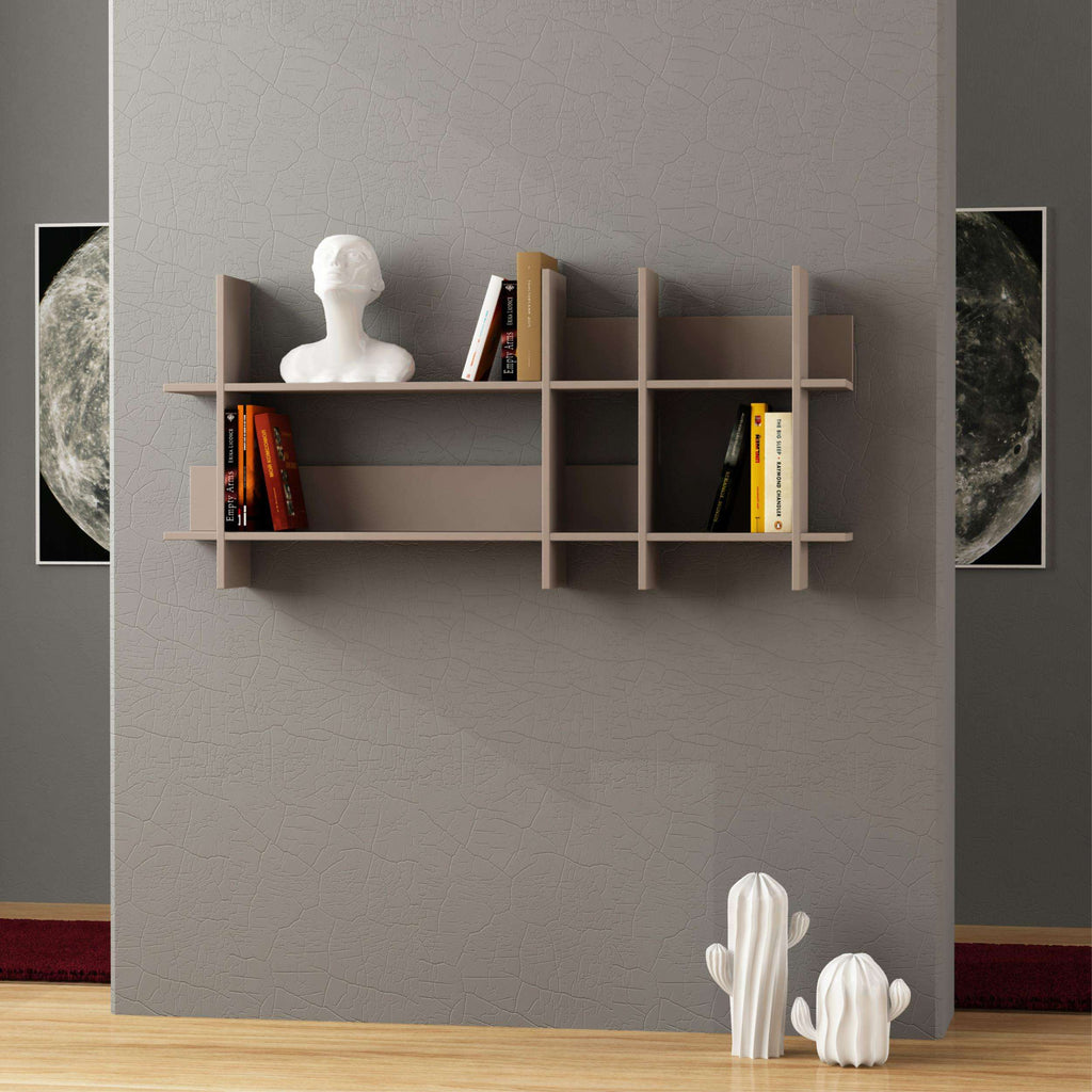 Light mocha wall-mounted bookcase with open compartments and vertical dividers