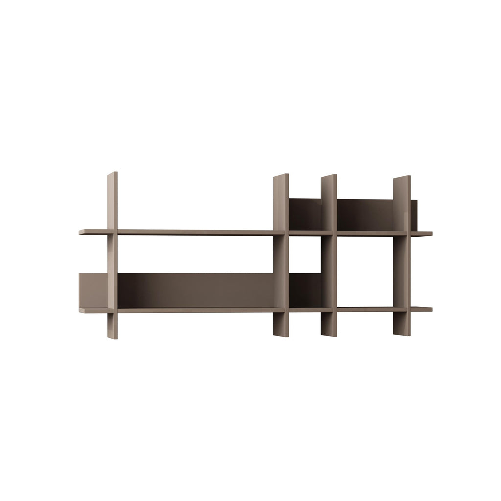 Light mocha wall-mounted bookcase with open shelves and geometric cubbies