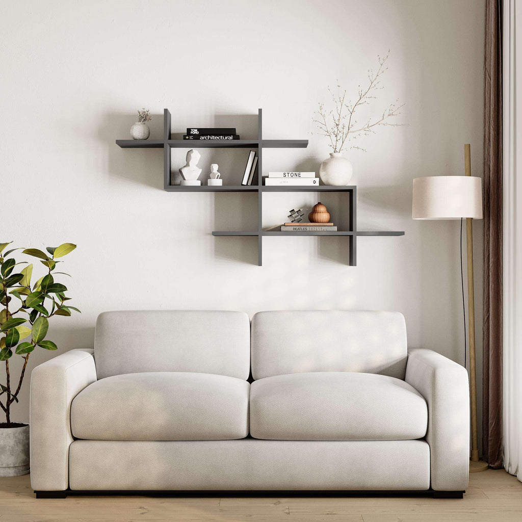Wall-mounted bookcase display unit with dark anthracite shelves and open compartments