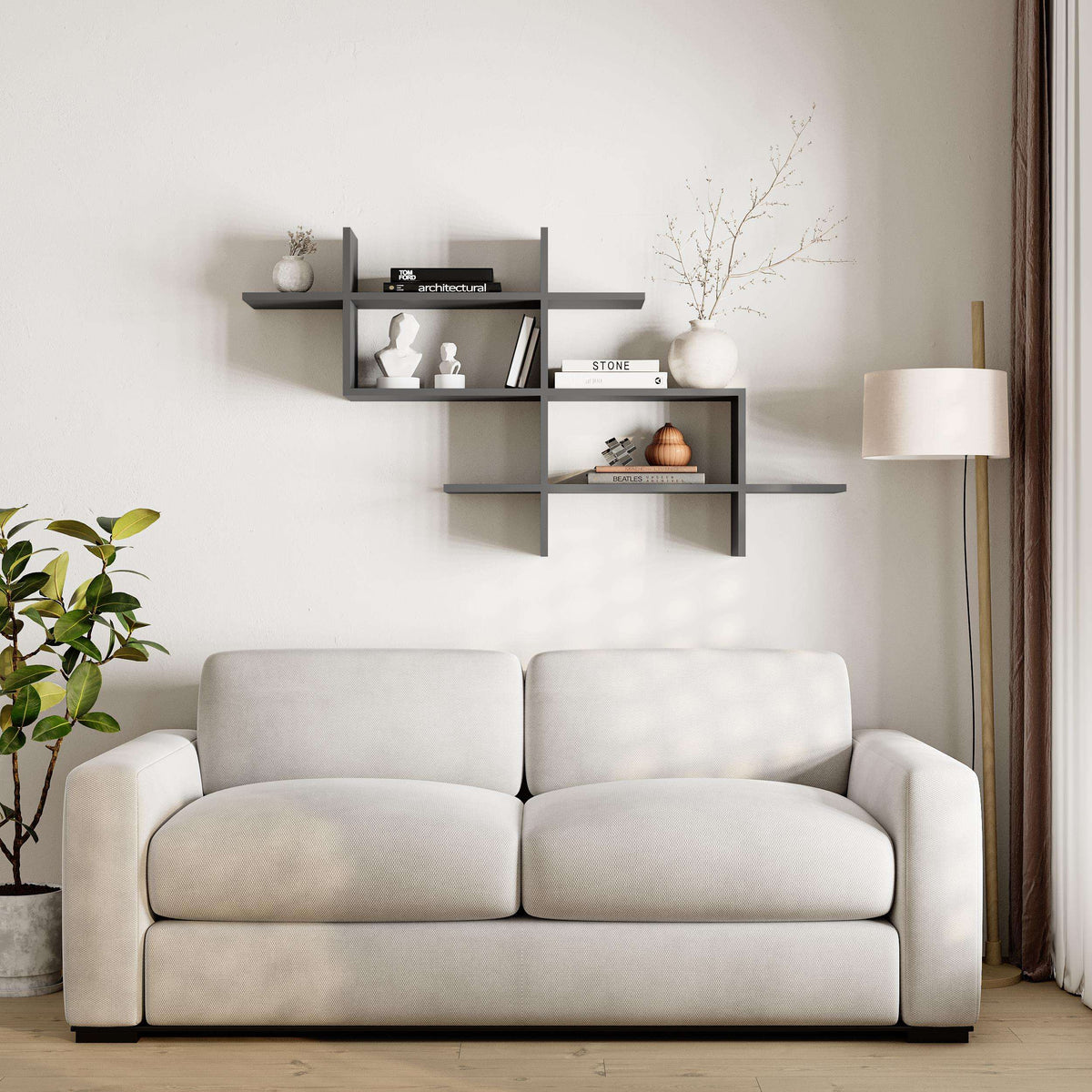 Wall-mounted bookcase display unit with dark anthracite shelves and open compartments