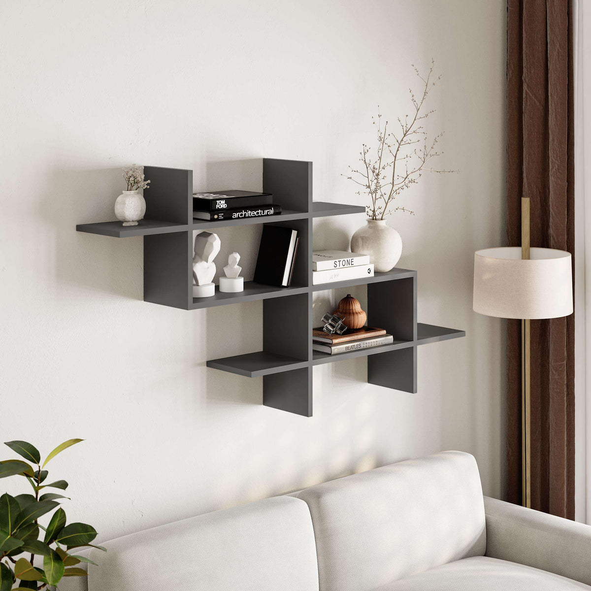 Anthracite wall-mounted modern bookcase with open cube shelves