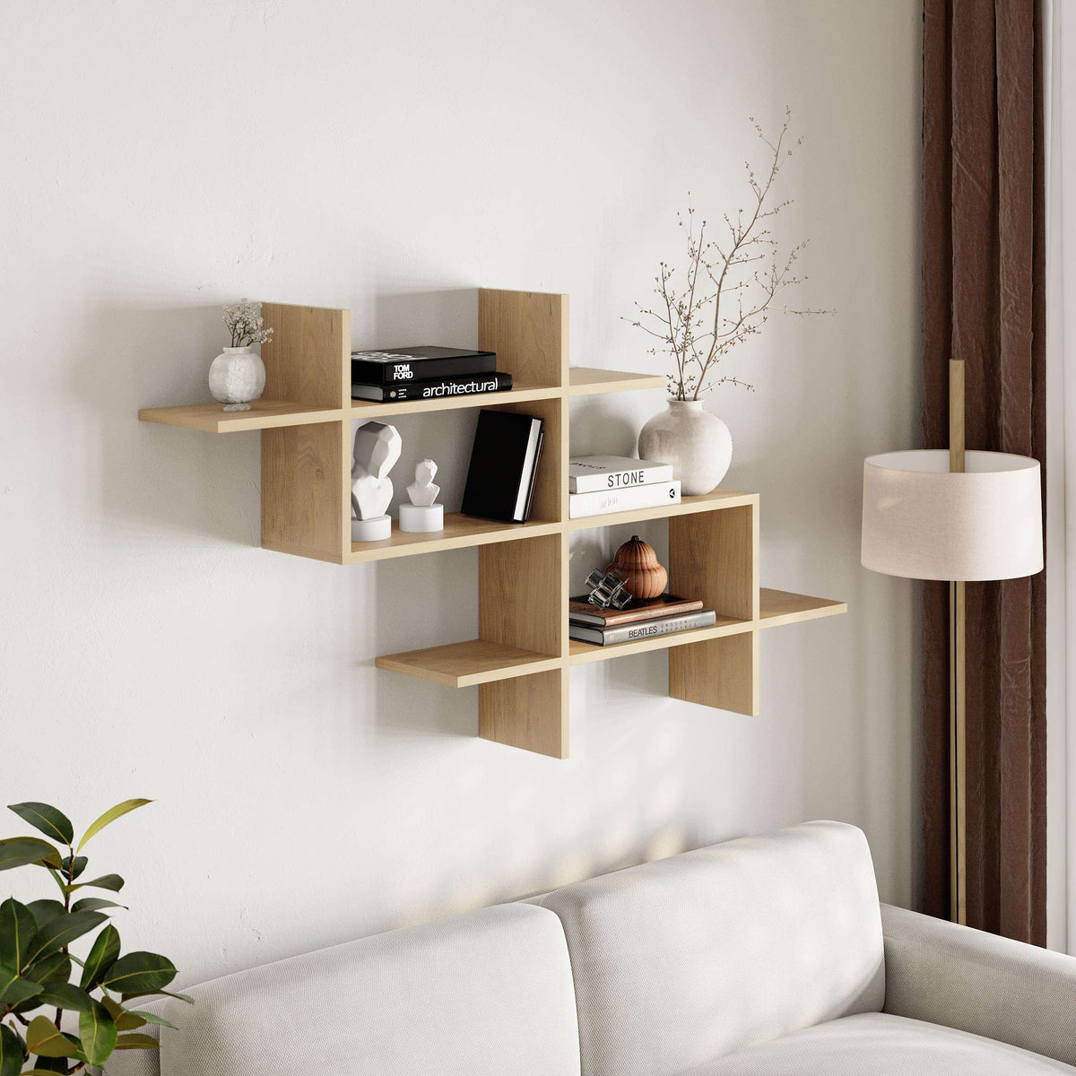 Wall-mounted oak bookcase display unit with open cubbies and stacked shelves