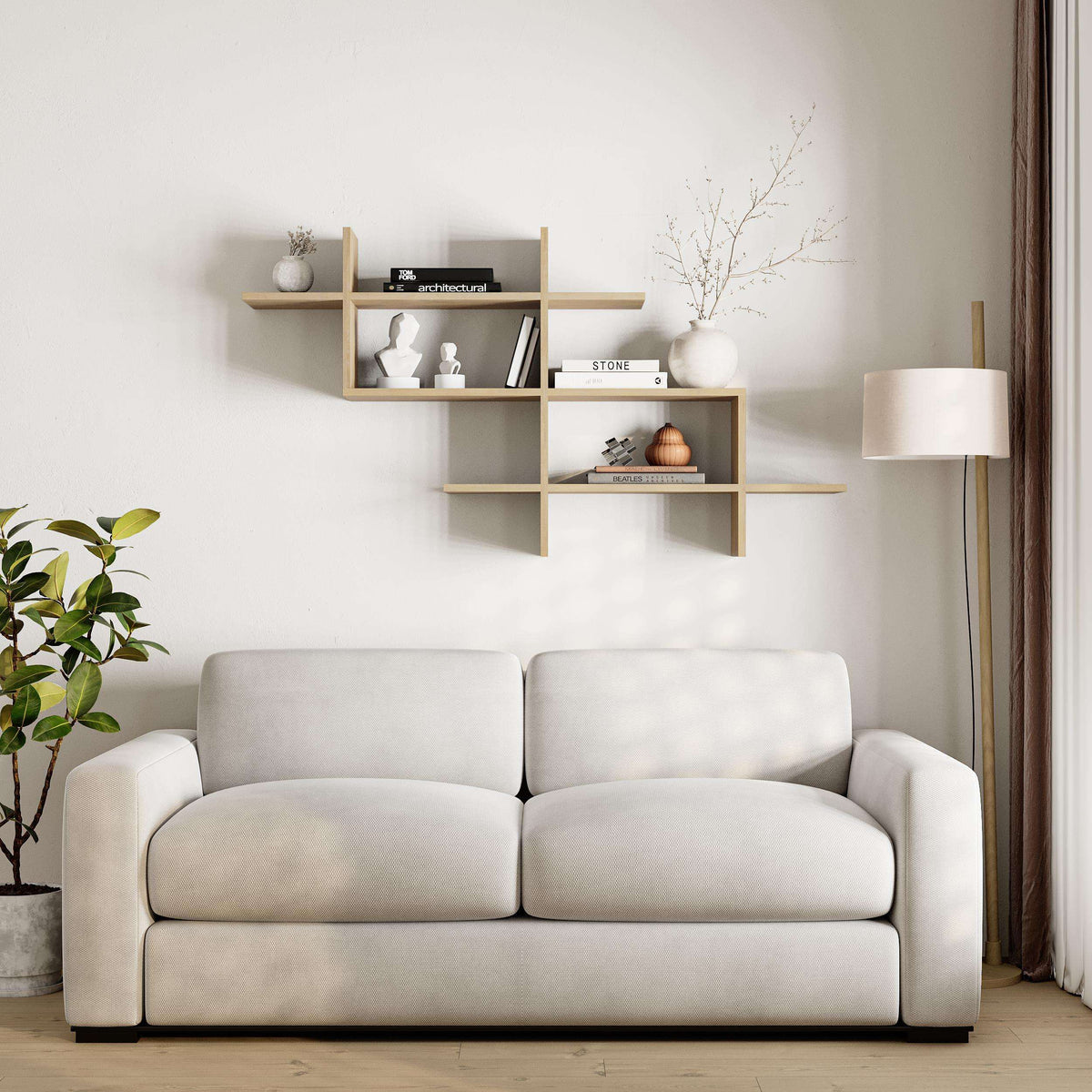 Wall-mounted bookcase display unit with white shelves and open square compartments