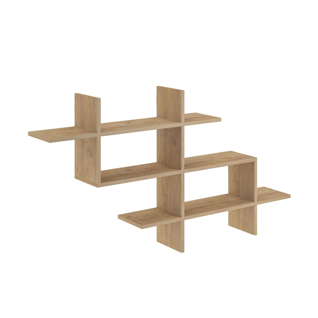 Wall-mounted bookcase display unit in light oak with layered open shelving