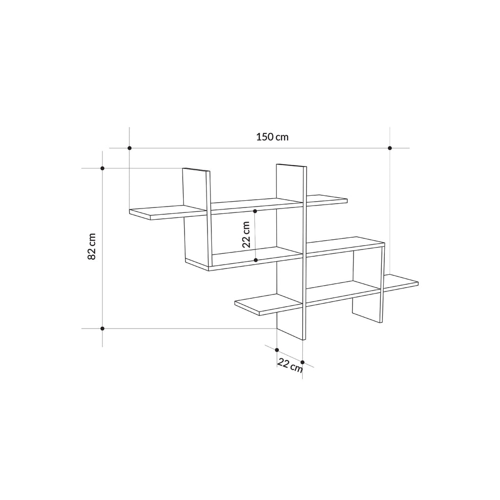 Wall-mounted bookcase dimensions: 150cm wide, 82cm high, 22cm deep