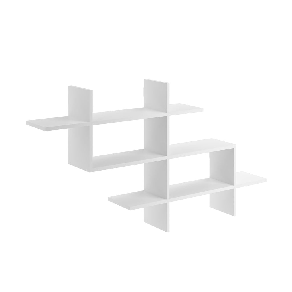 White wall-mounted bookcase unit with open shelves and cross-shaped frame