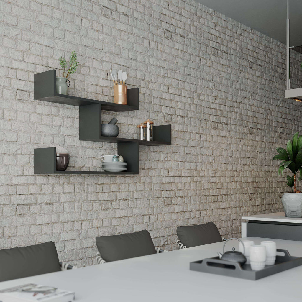 Floating wall shelf unit with three compartments in dark gray, wall-mounted