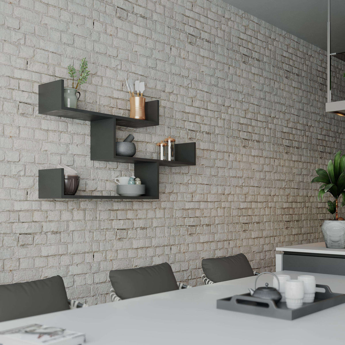 Floating wall shelf unit with three compartments in dark gray, wall-mounted