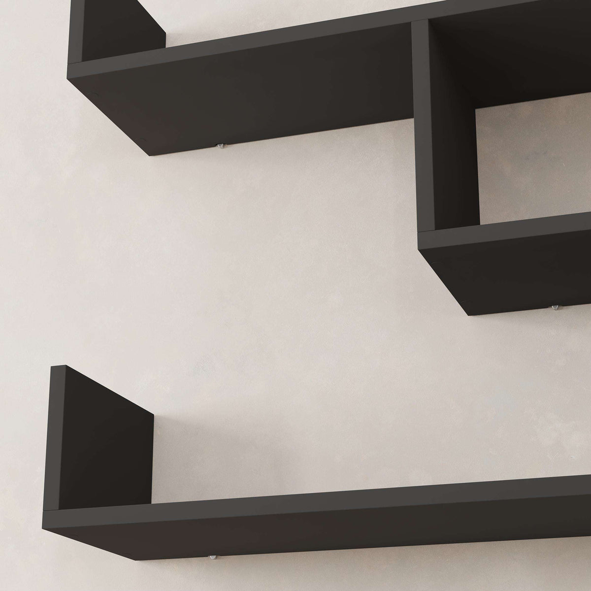 Floating wall shelf with open cubby and long shelf in dark gray