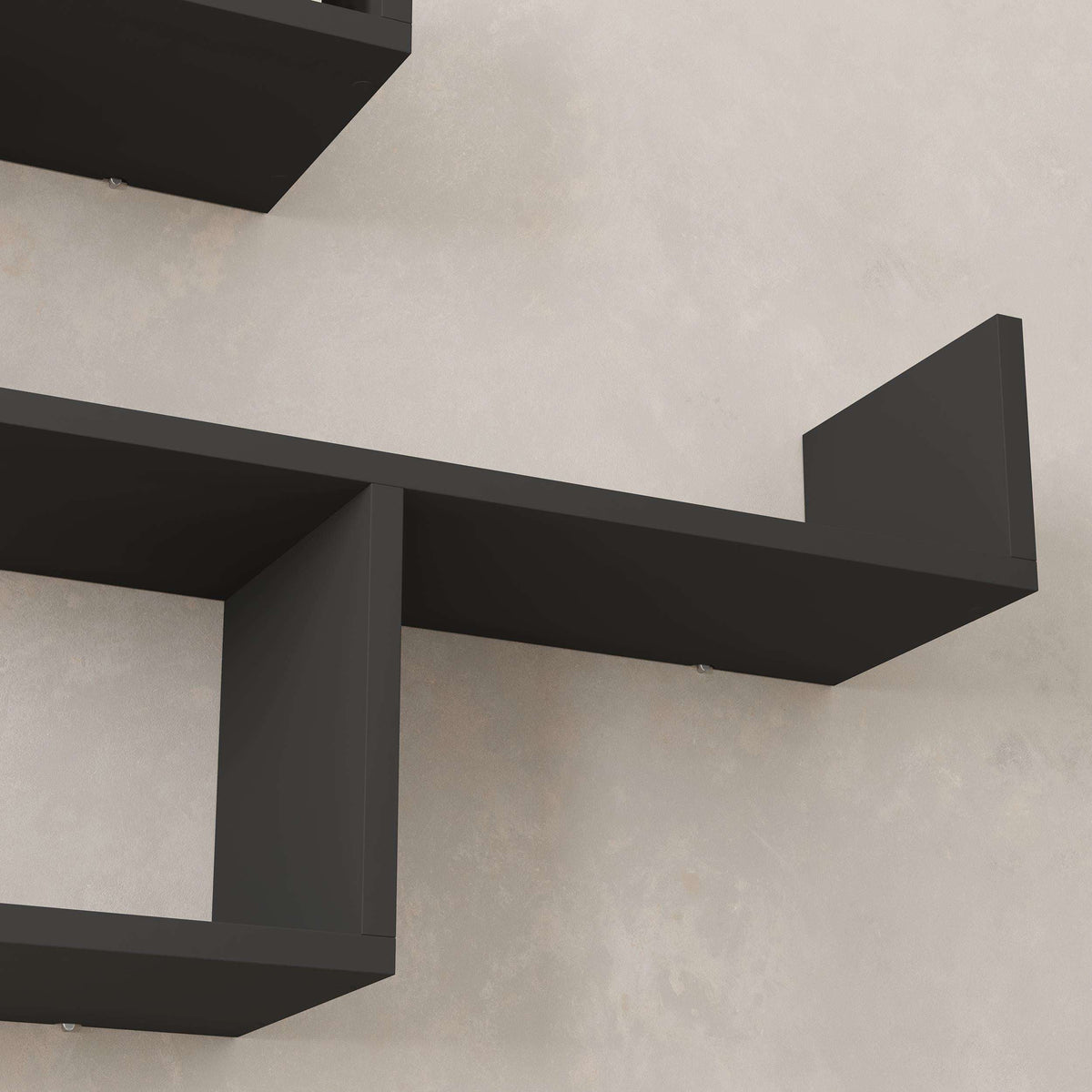 Wall shelf unit detail with open ledges and posts in dark gray