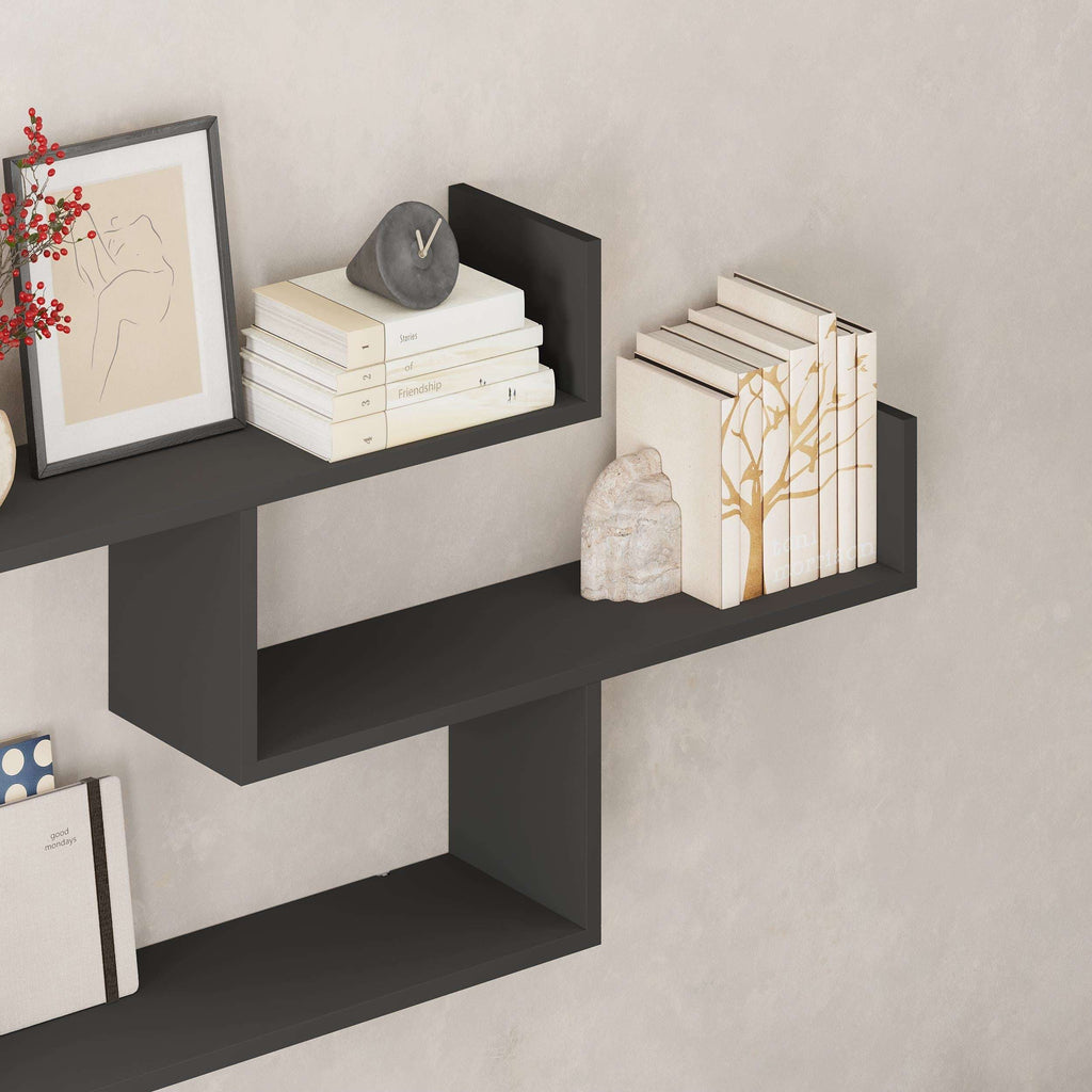 Floating wall shelf unit with three open compartments in anthracite, wall-mounted