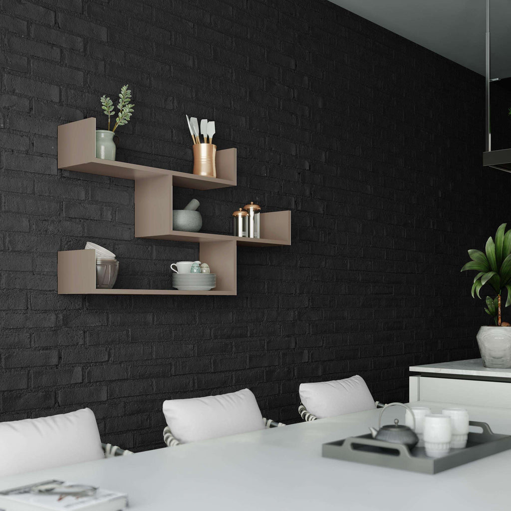 Modern floating wall shelf unit with three open compartments, light mocha finish