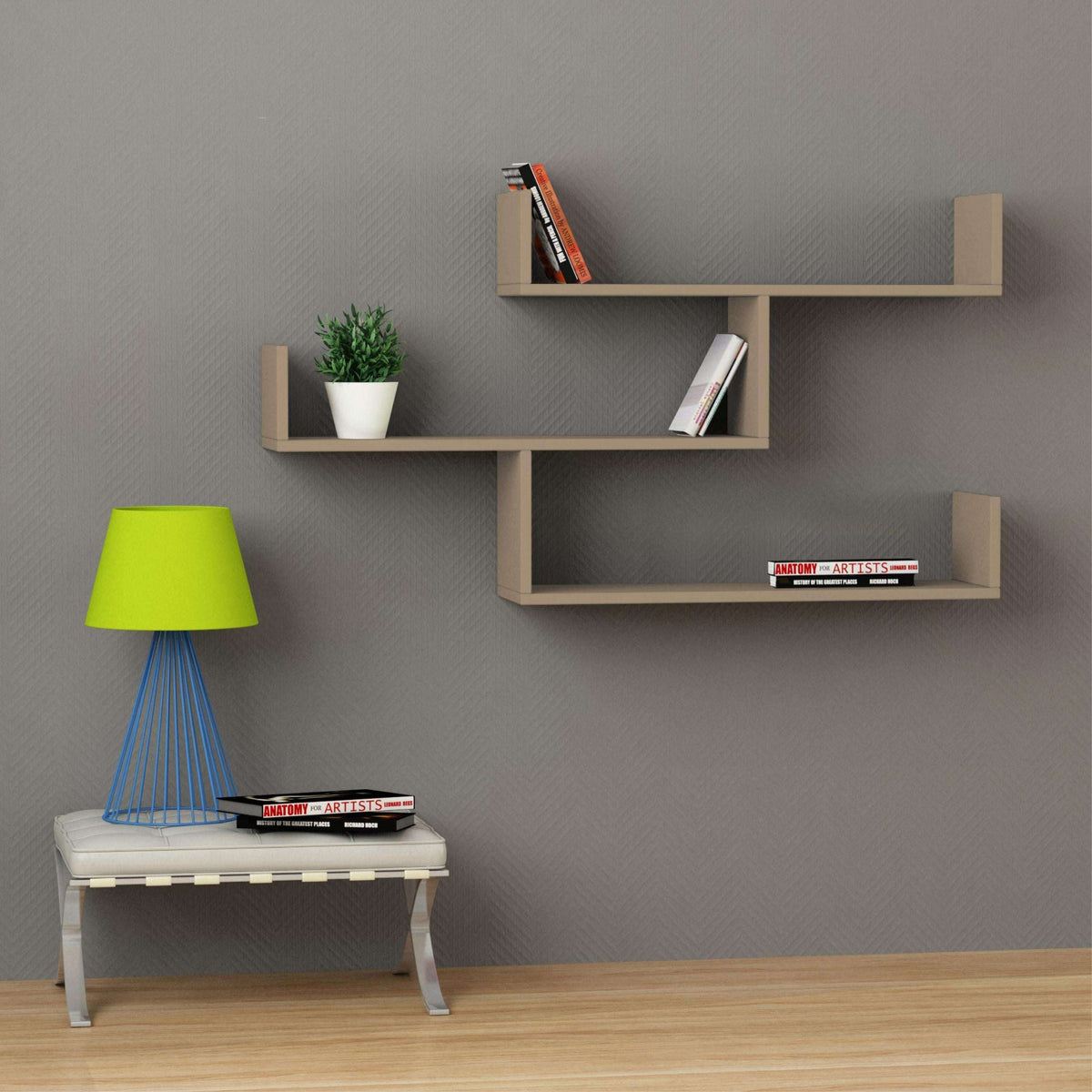 Floating wall shelf unit with three open shelves and vertical supports, light wood tone
