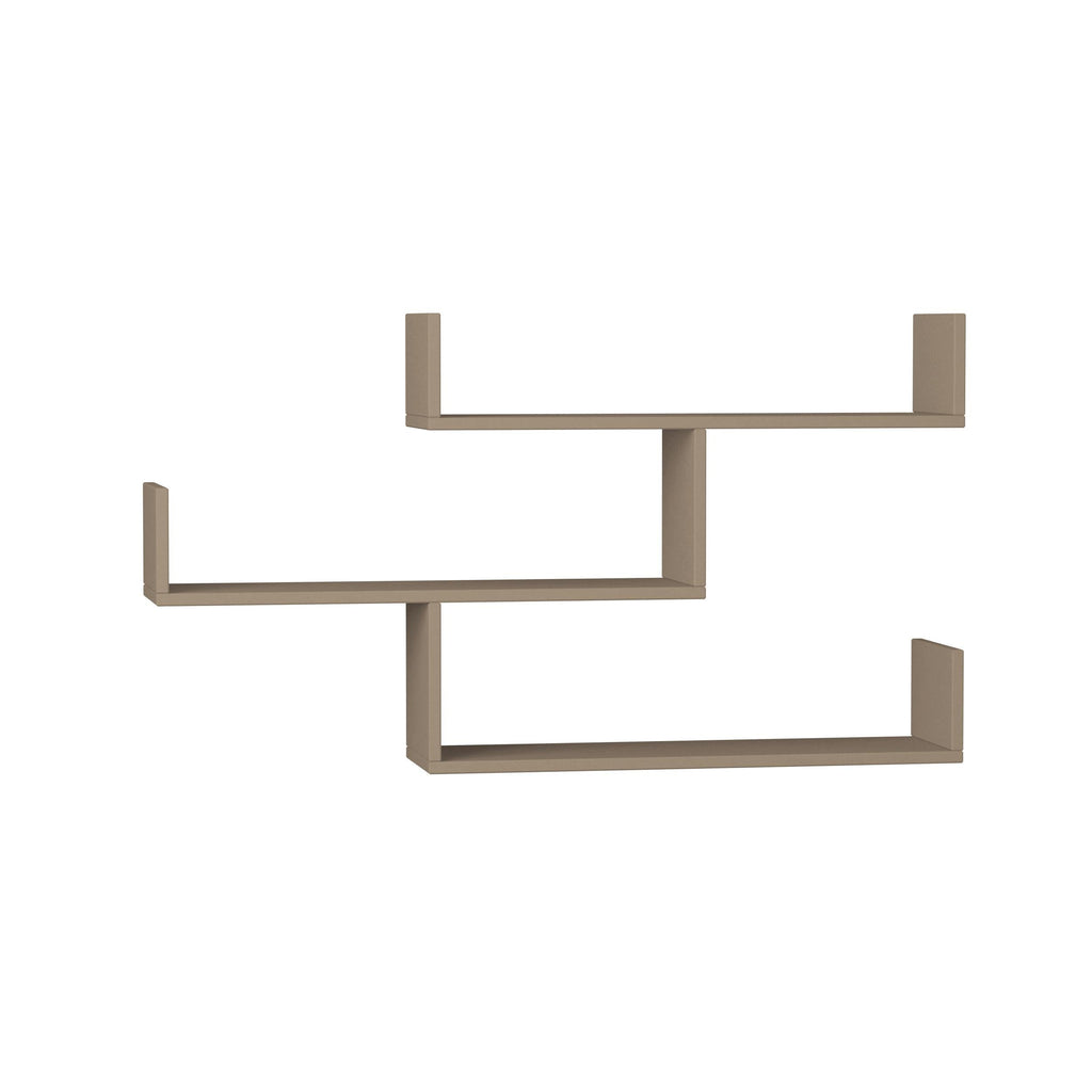 Modern floating wall shelf unit with three open shelves, light wood tone