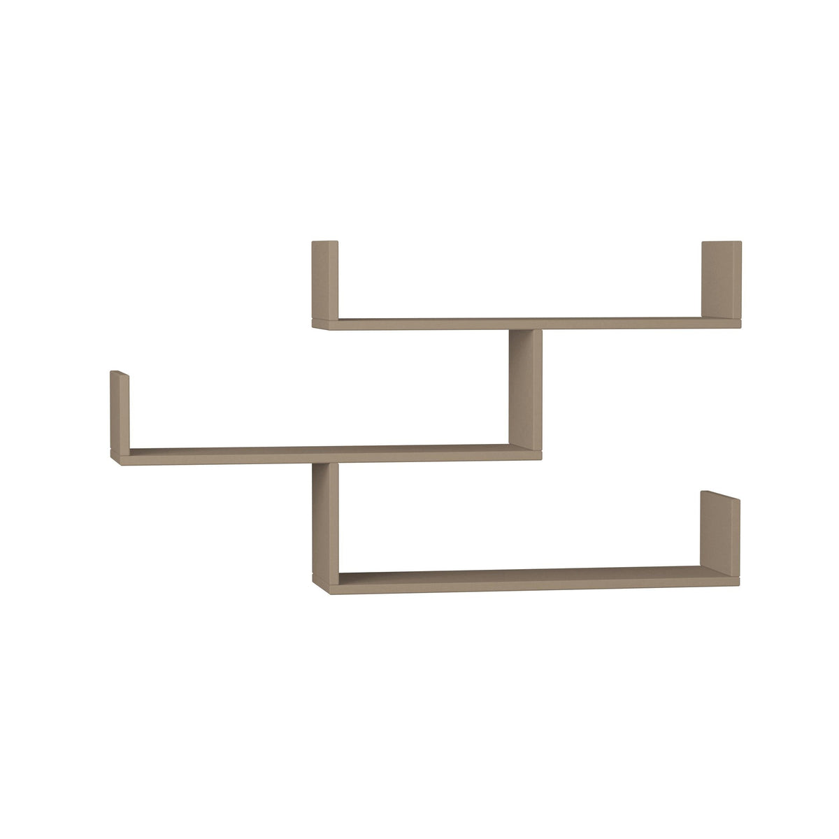 Modern floating wall shelf unit with three open shelves, light wood tone