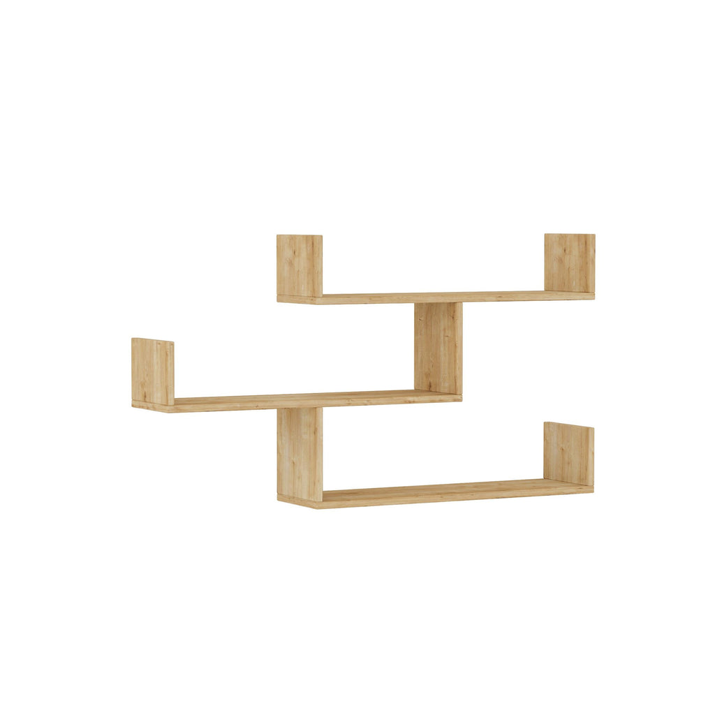 Wall-mounted floating shelf unit with two shelves and vertical supports in light wood