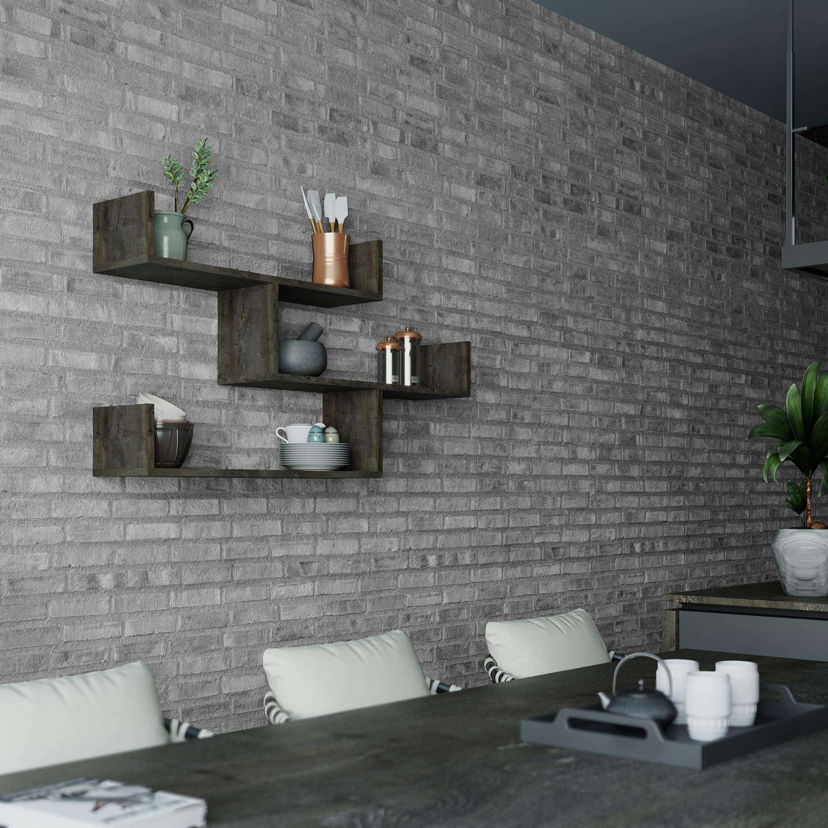 Wall-mounted floating shelves unit with three dark coffee compartments