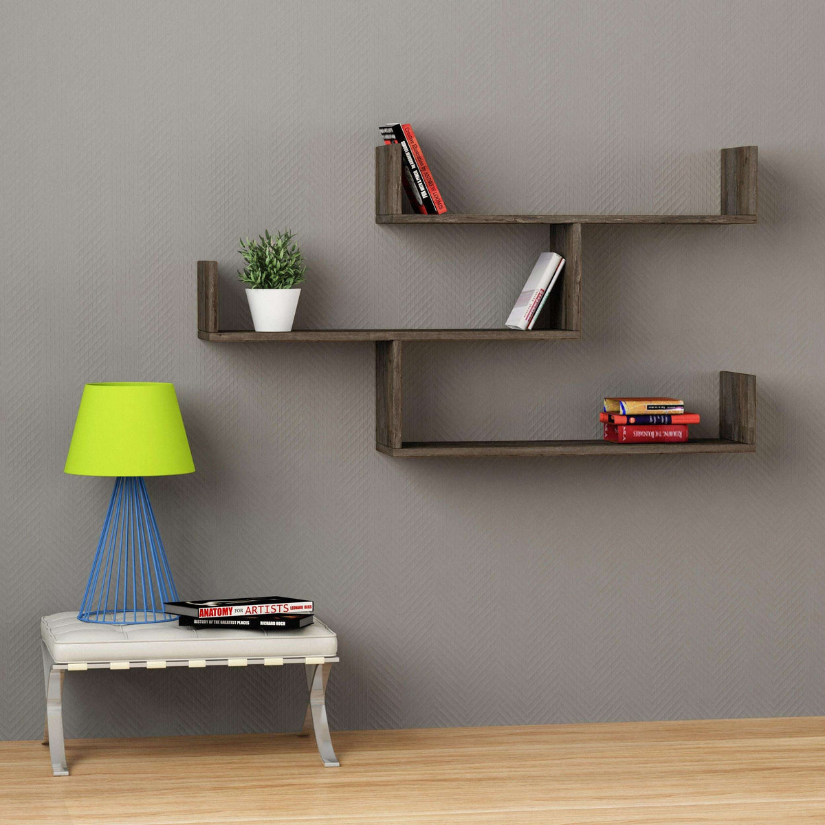Wall-mounted floating bookcase with three dark coffee shelves, open compartments