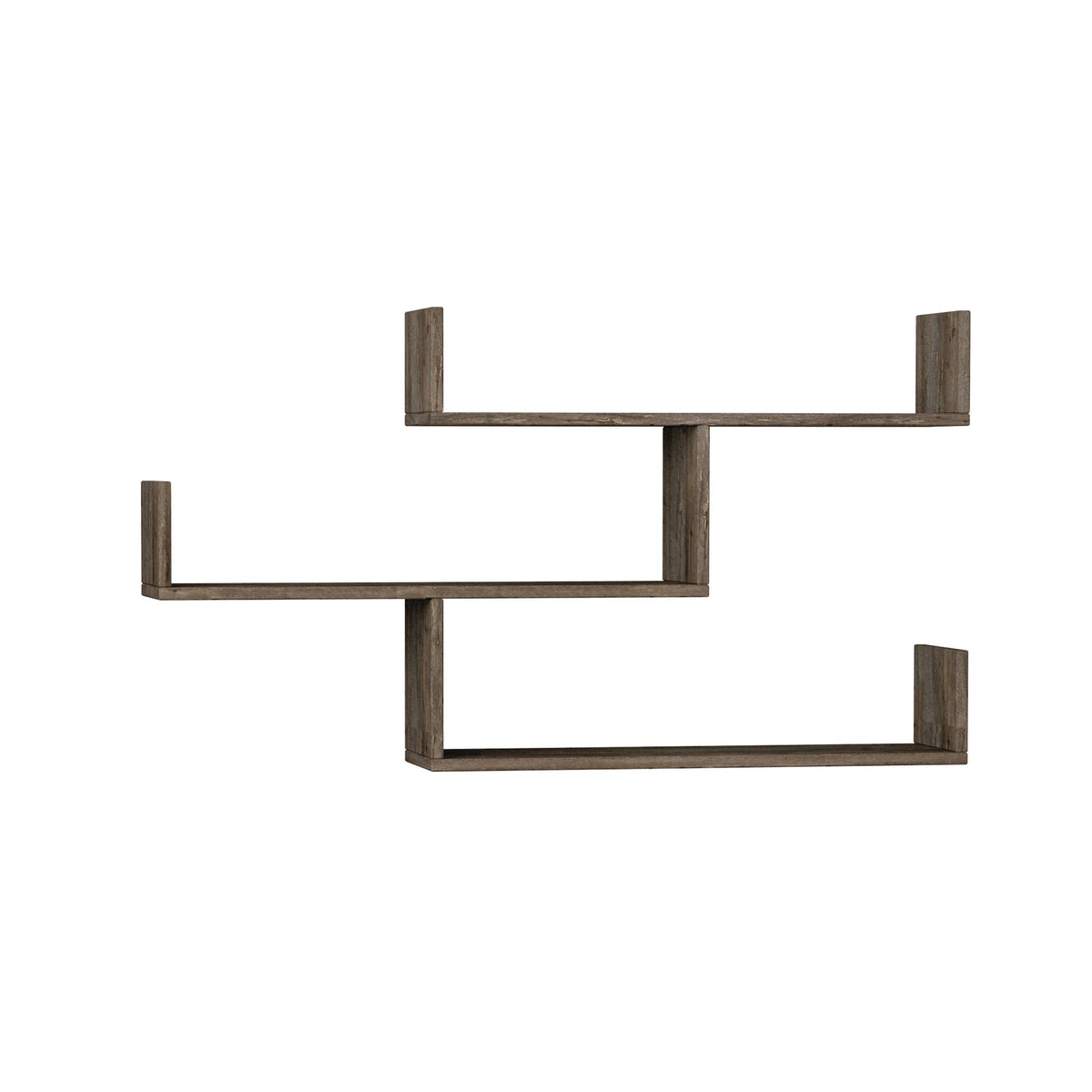Wall shelf unit with three open shelves in dark wood, floating bracket frame