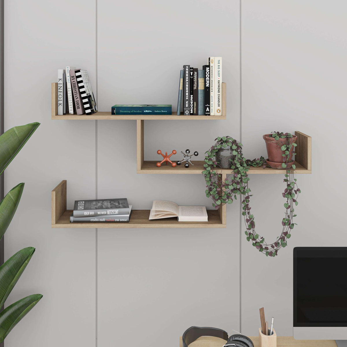 Light wood floating wall bookcase with open shelves and cubby compartments