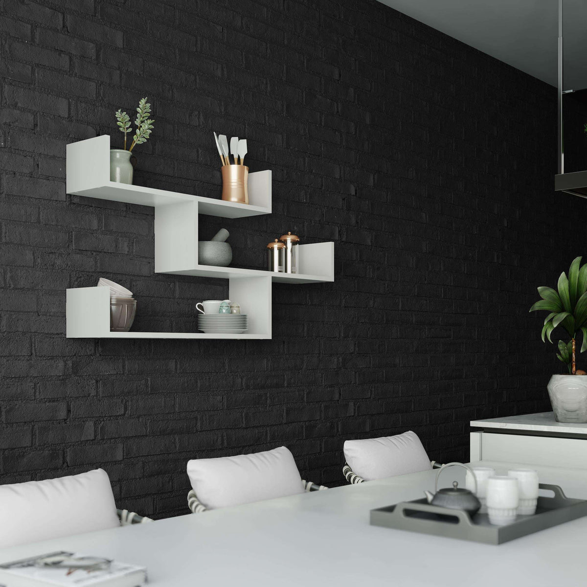 White floating wall shelf unit with three open compartments
