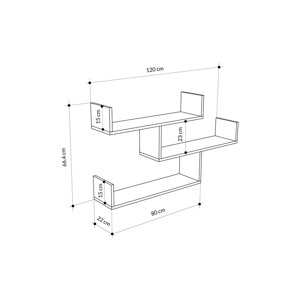 Modern floating wall shelf unit with measured dimensions and open shelves
