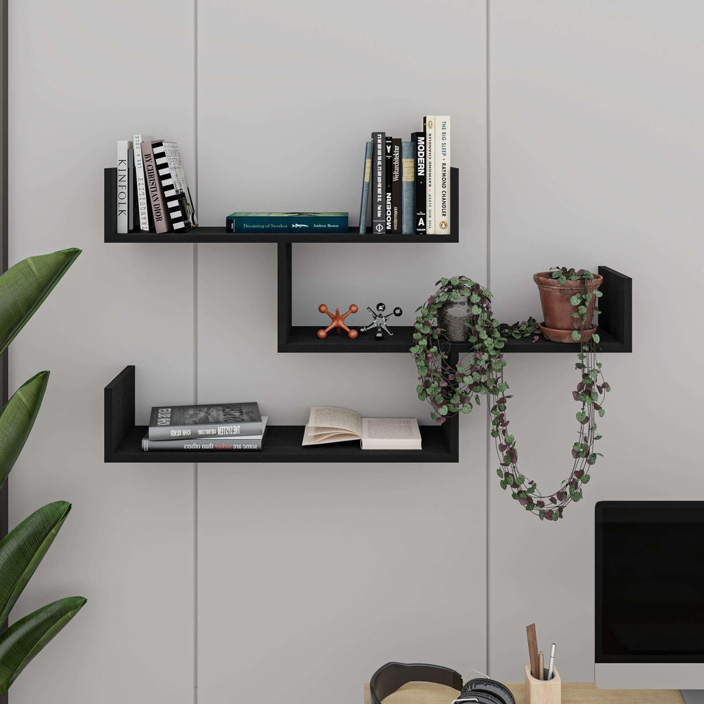 Floating wall bookcase with open shelves in light wood finish