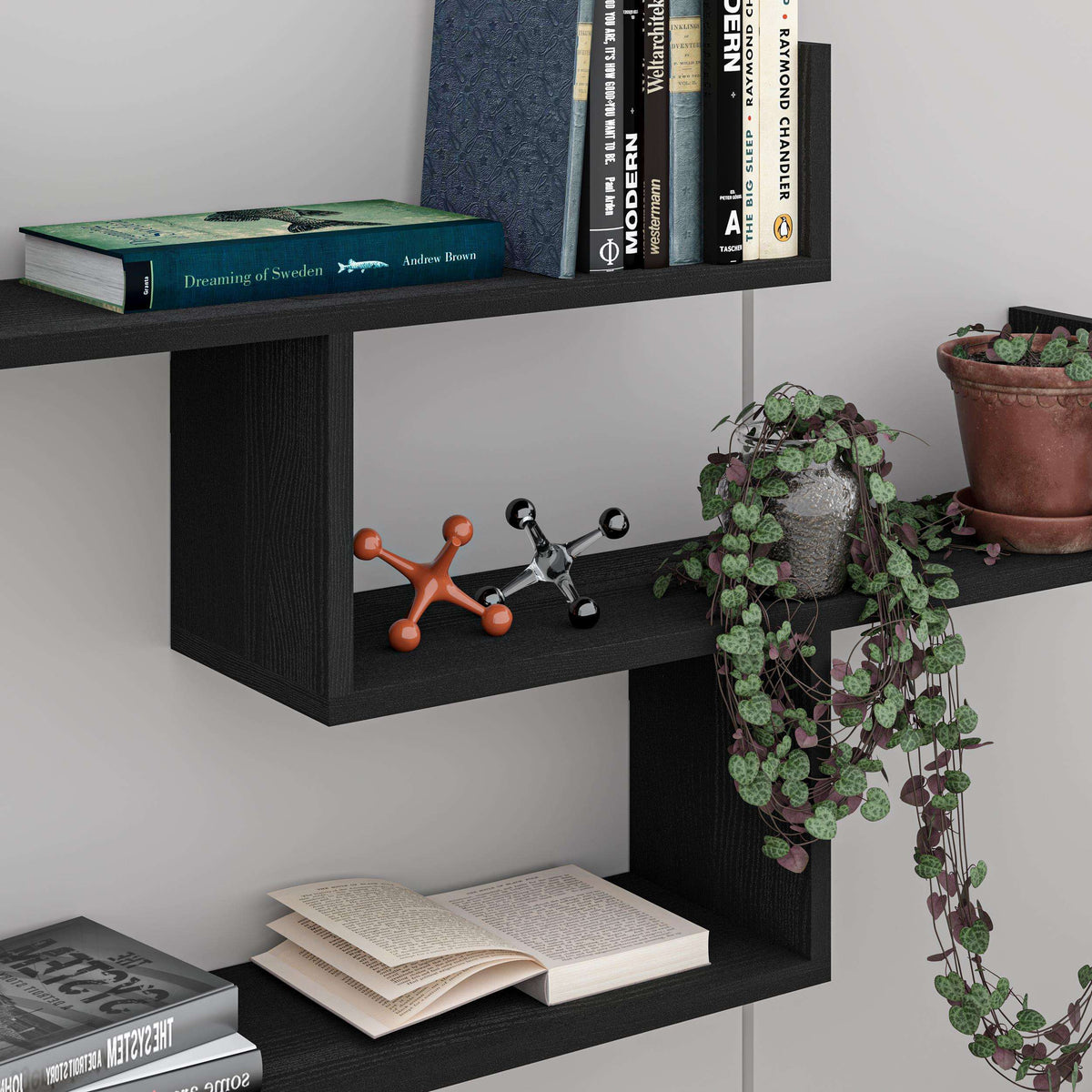 Black floating wall shelf unit with open cubby shelves for books and plants