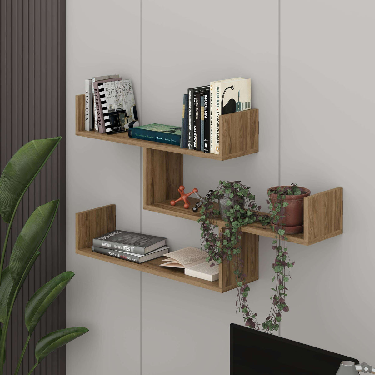 Floating wall bookcase with three open shelves with books and potted plants