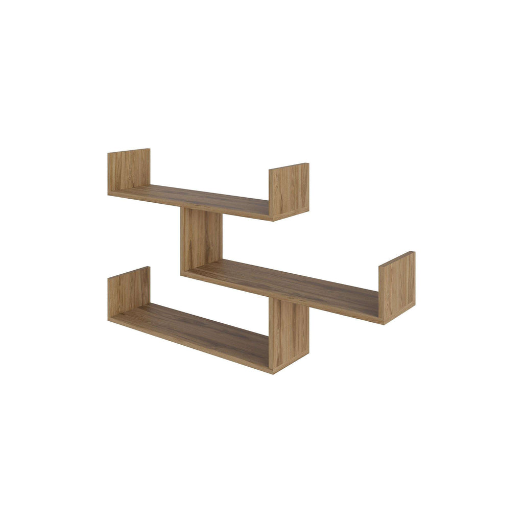 Floating wall shelf unit with three open shelves in light oak wood