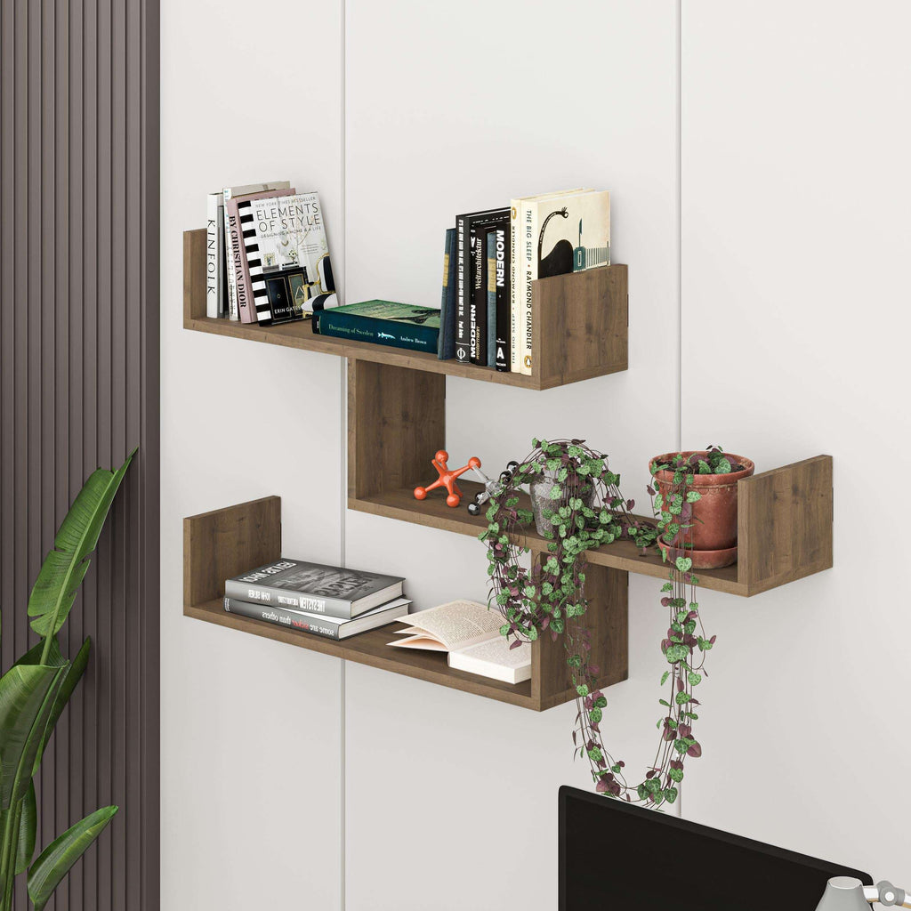 Floating wall shelf unit with three open shelves and side panels, rustic wood finish