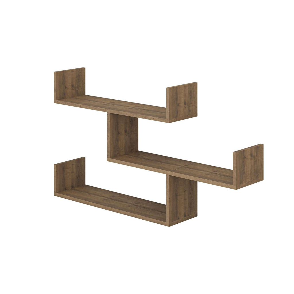 Floating wall shelf unit with two horizontal shelves and five side openings, oak finish