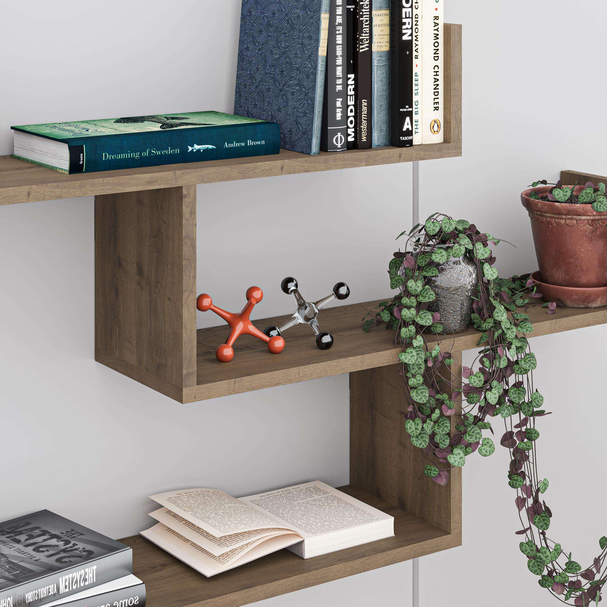 Floating wall shelf unit with three open shelves, dark brown wood finish