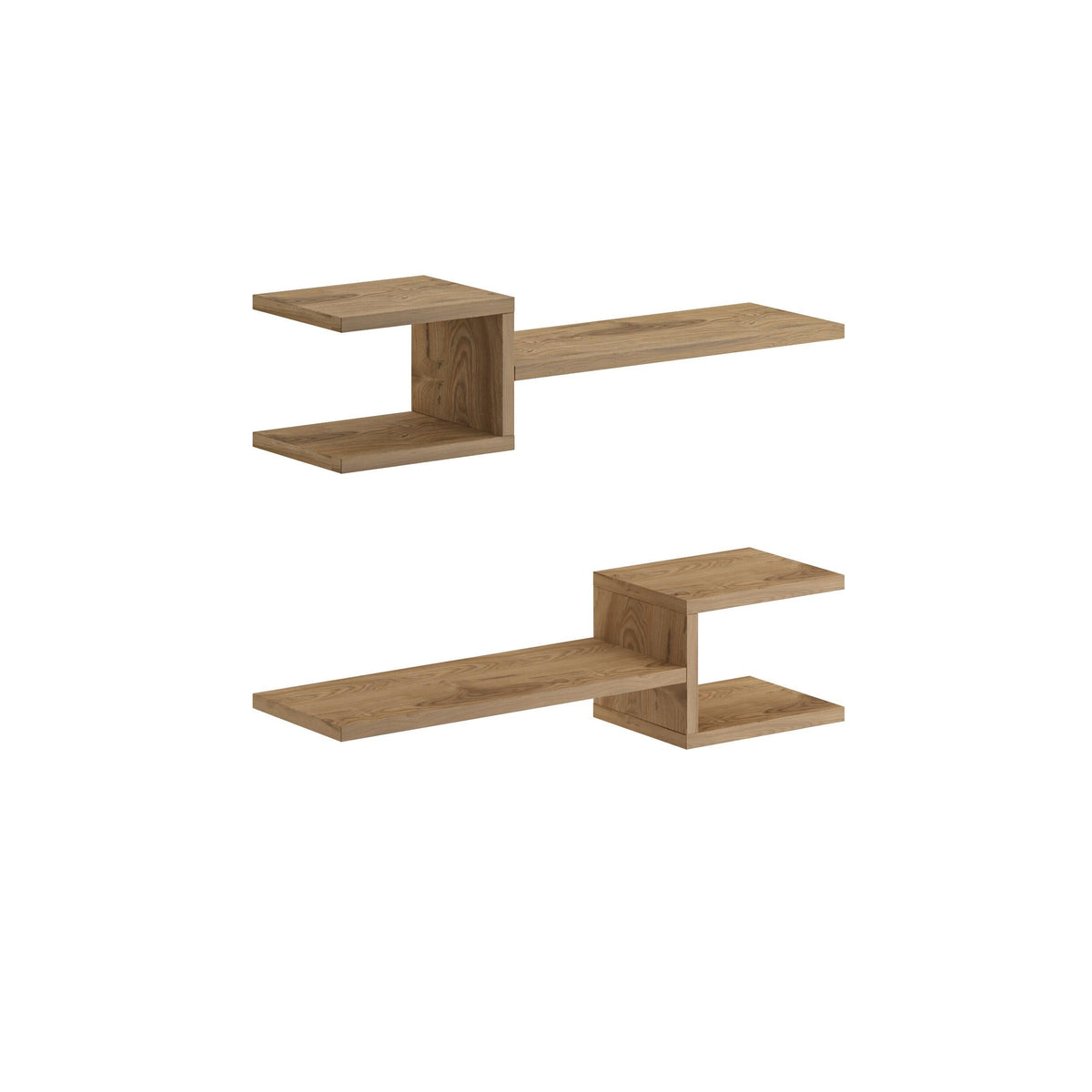 Light oak floating shelf set with three open shelf units