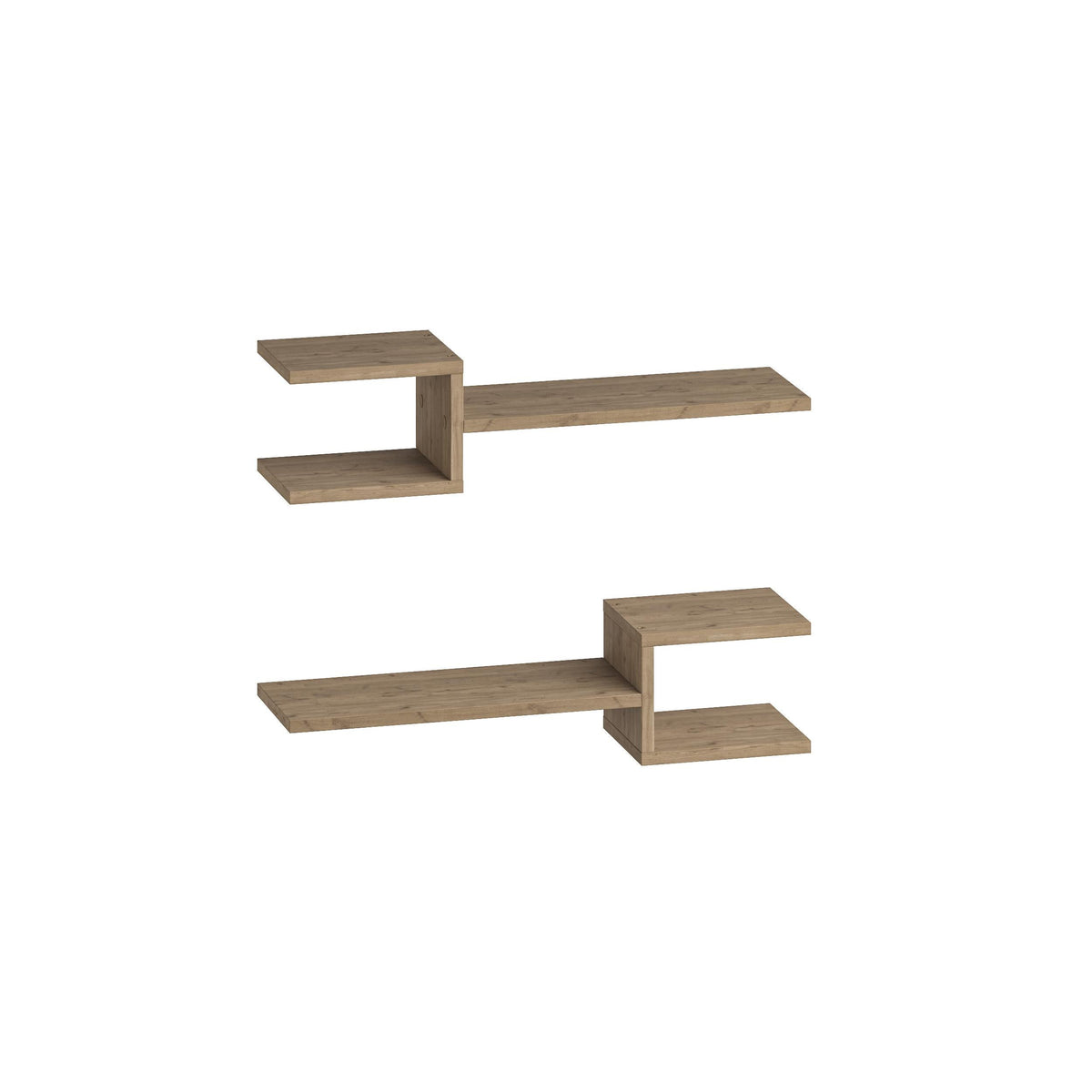 Light oak floating shelf set with two staggered shelf sections