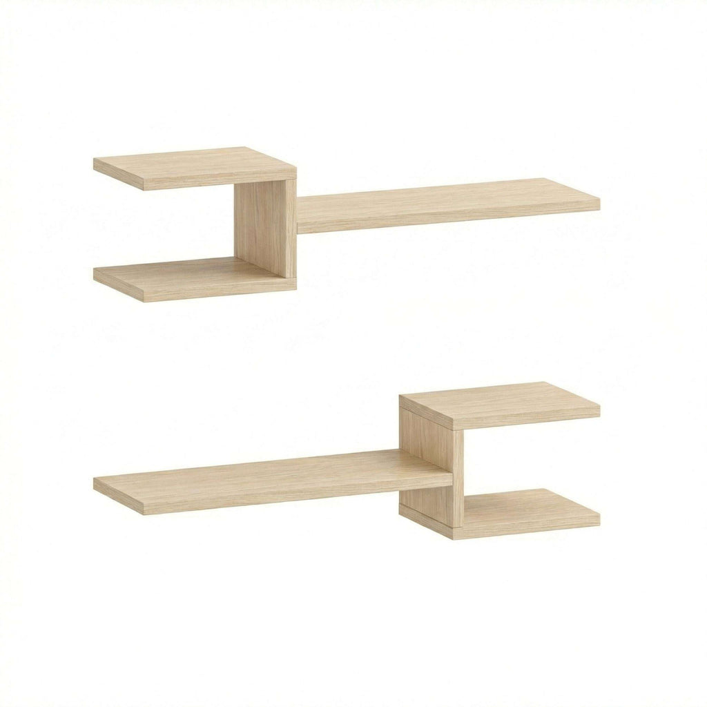Light oak floating shelf set with open rectangular ledges and cube-style supports